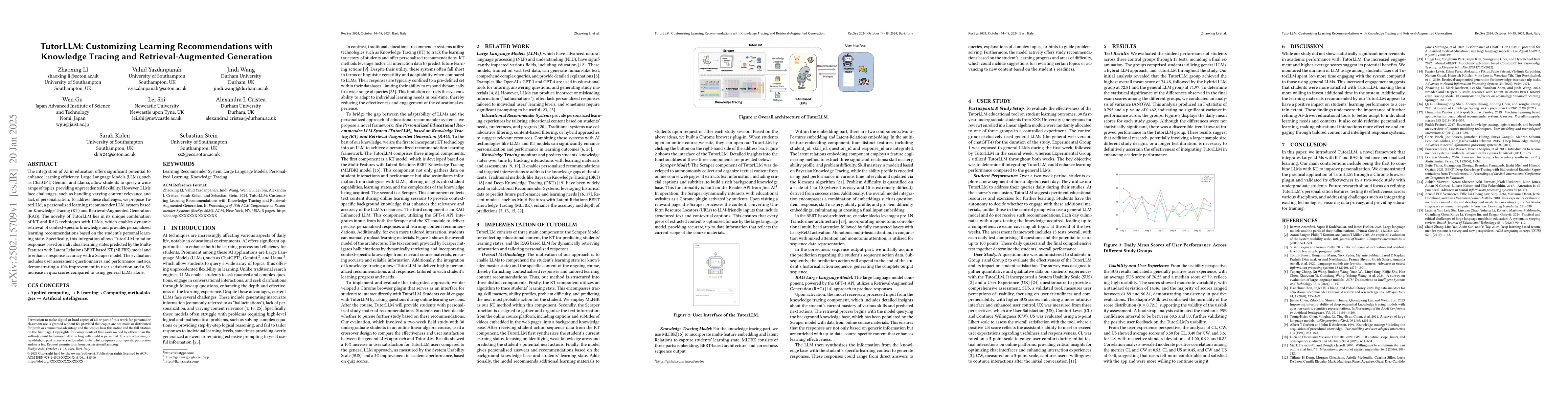 Thumbnail for TutorLLM: Customizing Learning Recommendations with Knowledge Tracing
  and Retrieval-Augmented Generation