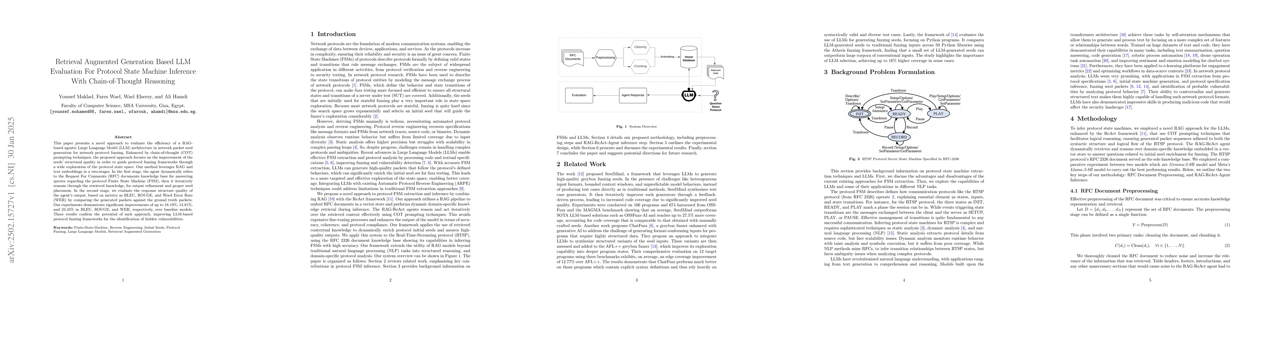 Thumbnail for Retrieval Augmented Generation Based LLM Evaluation For Protocol State
  Machine Inference With Chain-of-Thought Reasoning