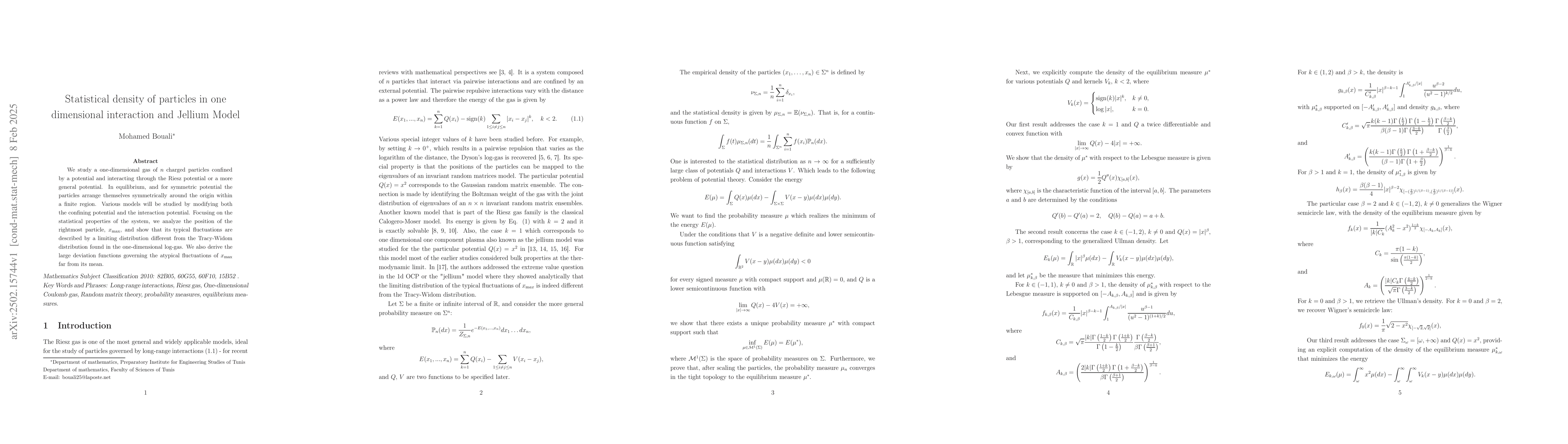 Thumbnail for Statistical density of particles in one dimensional interaction and
  Jellium Model