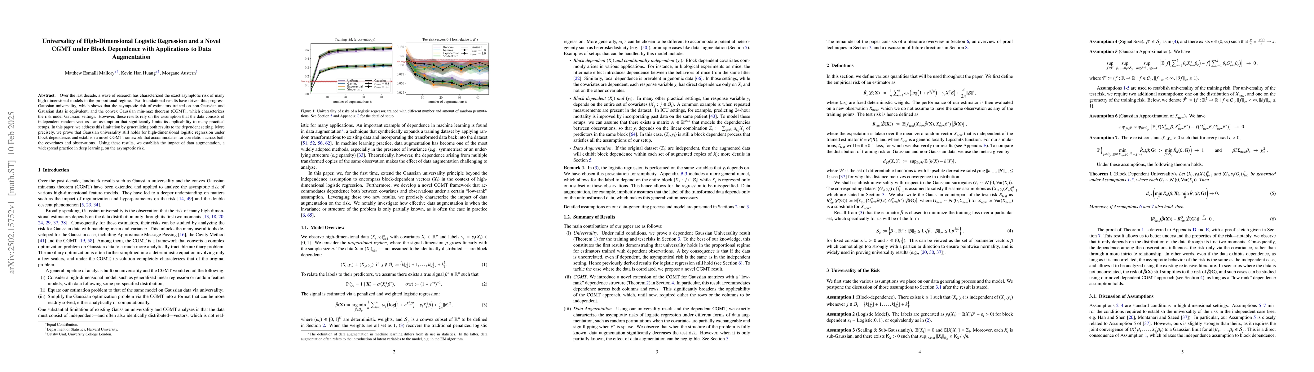 Thumbnail for Universality of High-Dimensional Logistic Regression and a Novel CGMT
  under Block Dependence with Applications to Data Augmentation