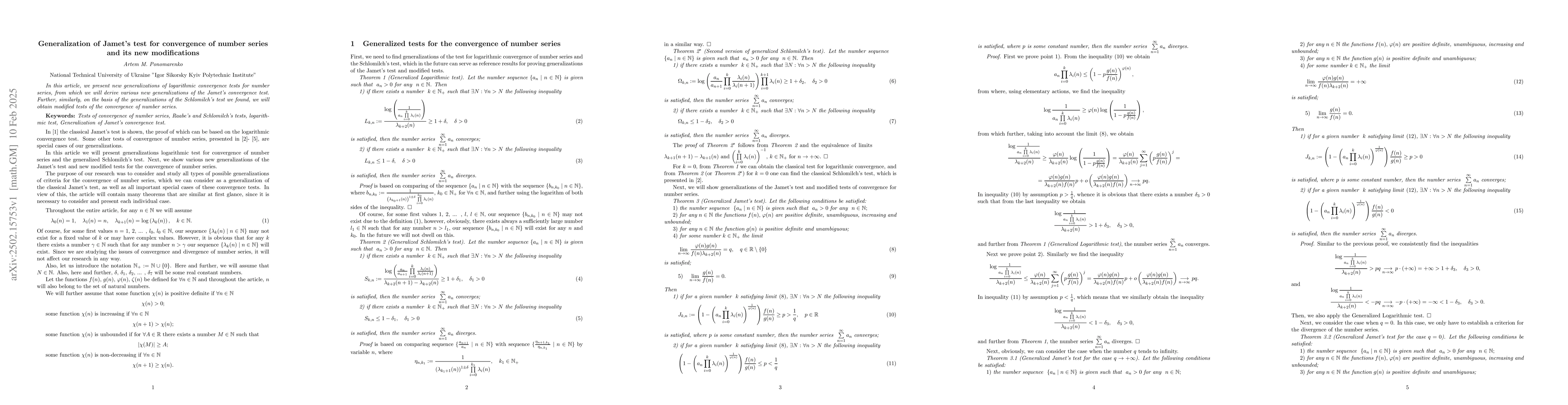 Thumbnail for Generalization of Jamet's test for convergence of number series and its
  new modifications