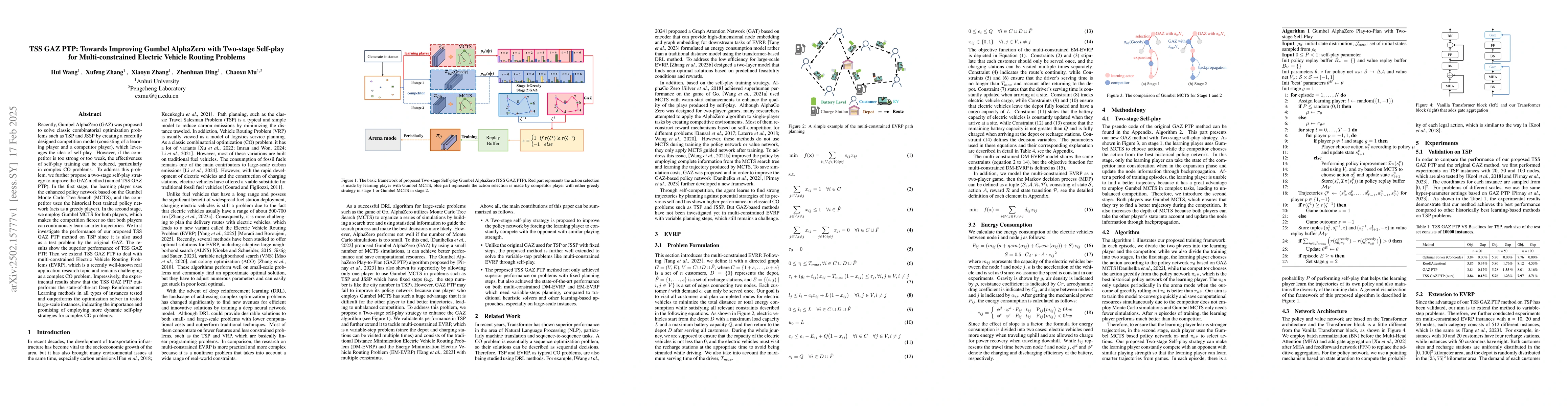 Thumbnail for TSS GAZ PTP: Towards Improving Gumbel AlphaZero with Two-stage Self-play
  for Multi-constrained Electric Vehicle Routing Problems