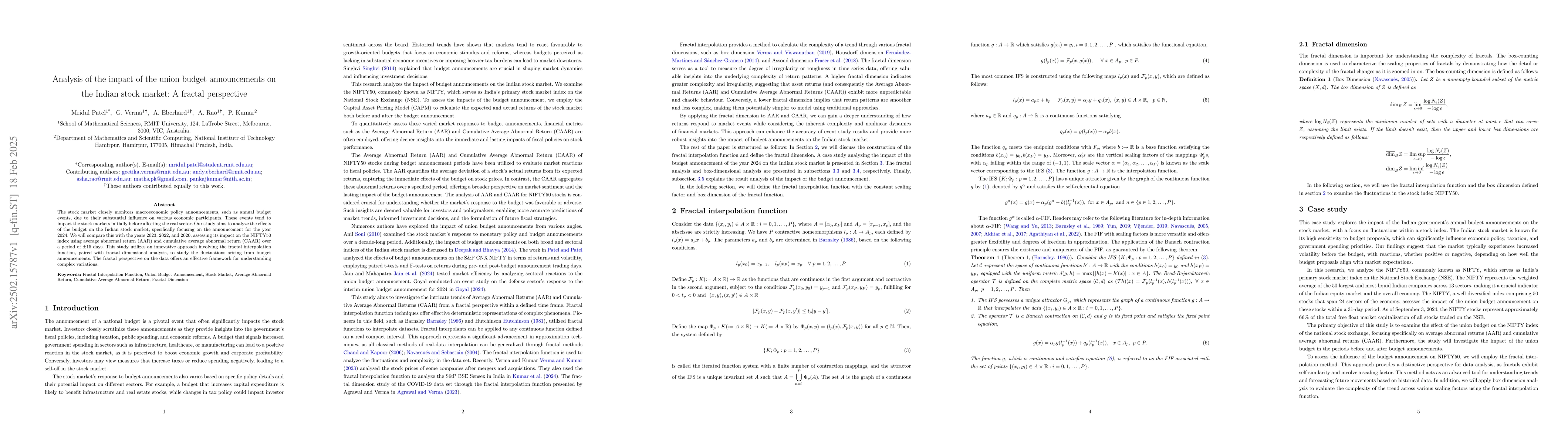 Thumbnail for Analysis of the Impact of the Union Budget Announcements on the Indian
  Stock Market: A Fractal Perspective