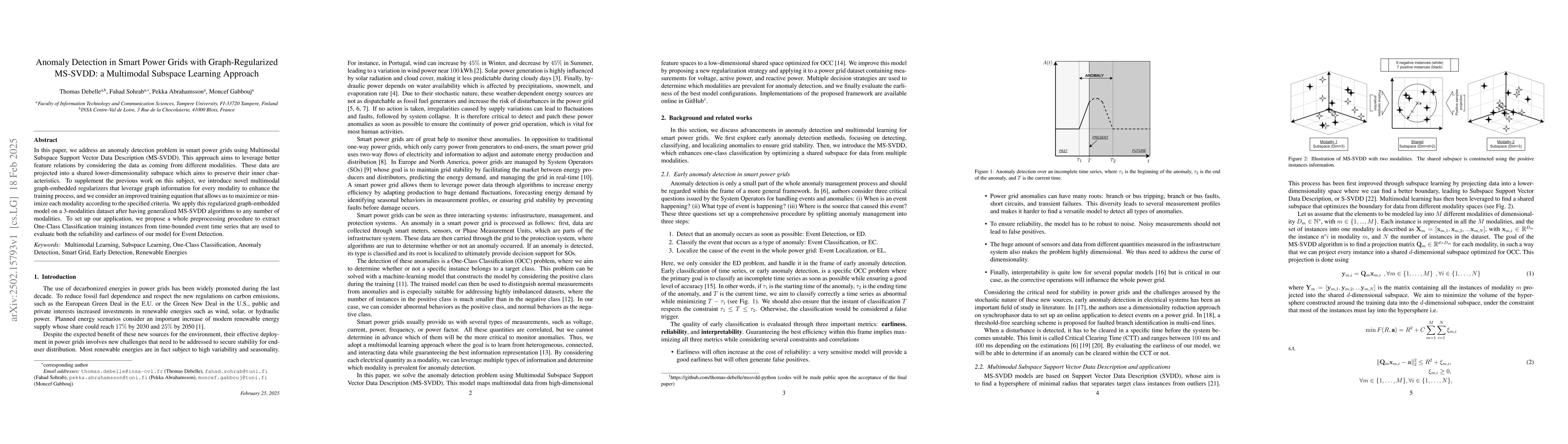 Thumbnail for Anomaly Detection in Smart Power Grids with Graph-Regularized MS-SVDD: a
  Multimodal Subspace Learning Approach