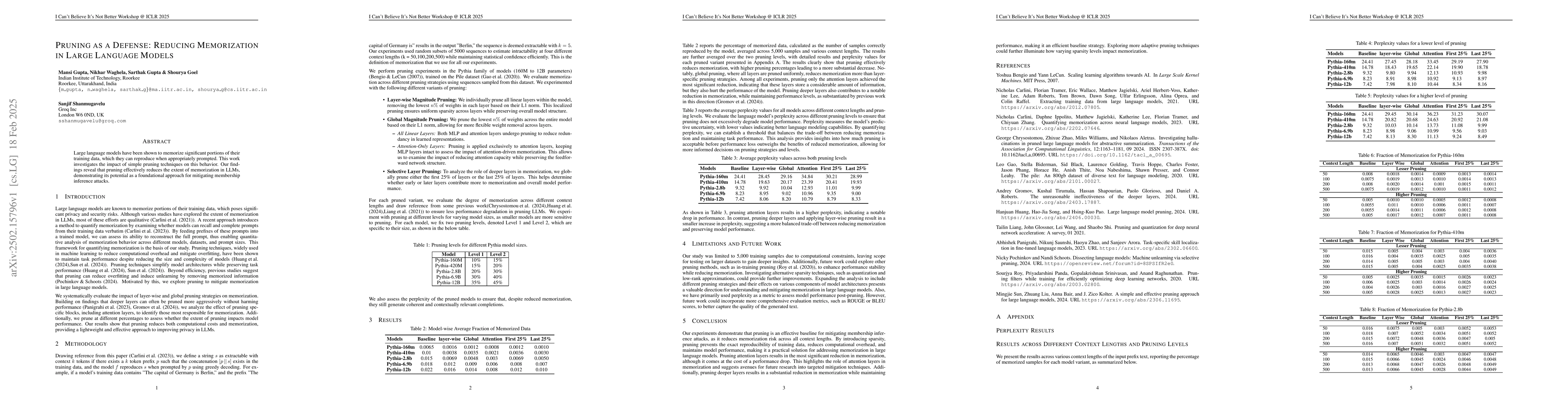 Thumbnail for Pruning as a Defense: Reducing Memorization in Large Language Models