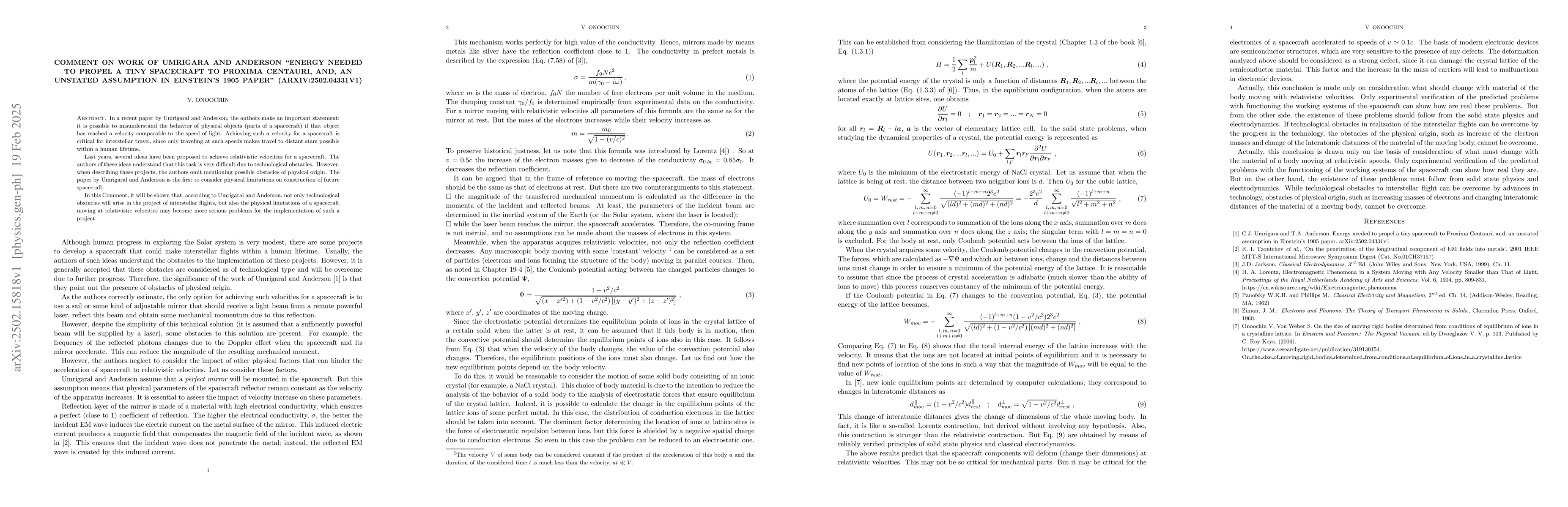 Thumbnail for Comment on work of Umrigar and Anderson "Energy needed to propel a tiny
  spacecraft to Proxima Centauri, and, an unstated assumption in Einstein's
  1905 paper" (arXiv:2502.04331v1)