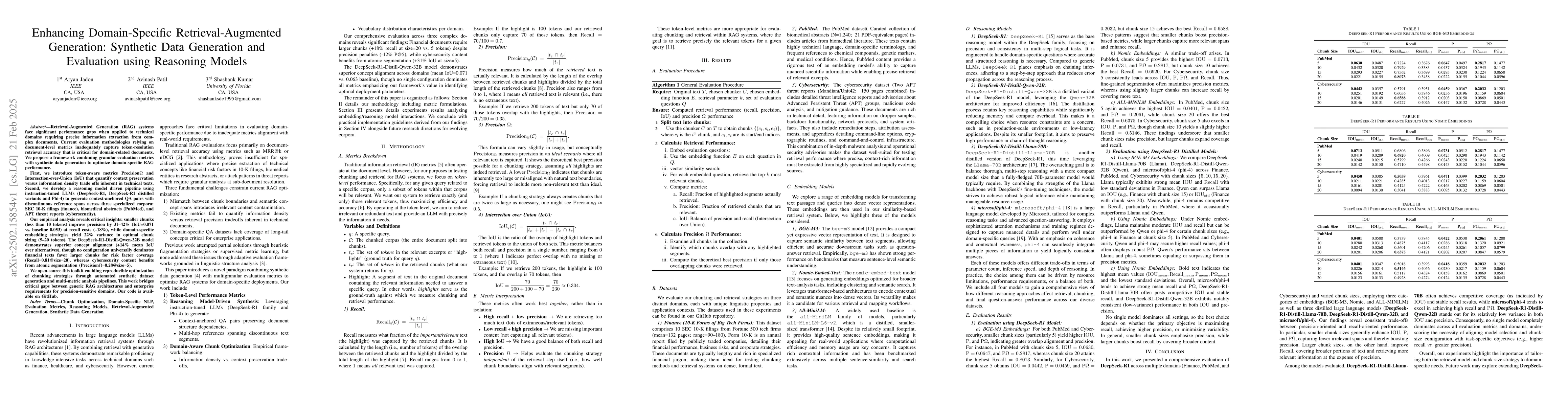 Thumbnail for Enhancing Domain-Specific Retrieval-Augmented Generation: Synthetic Data
  Generation and Evaluation using Reasoning Models