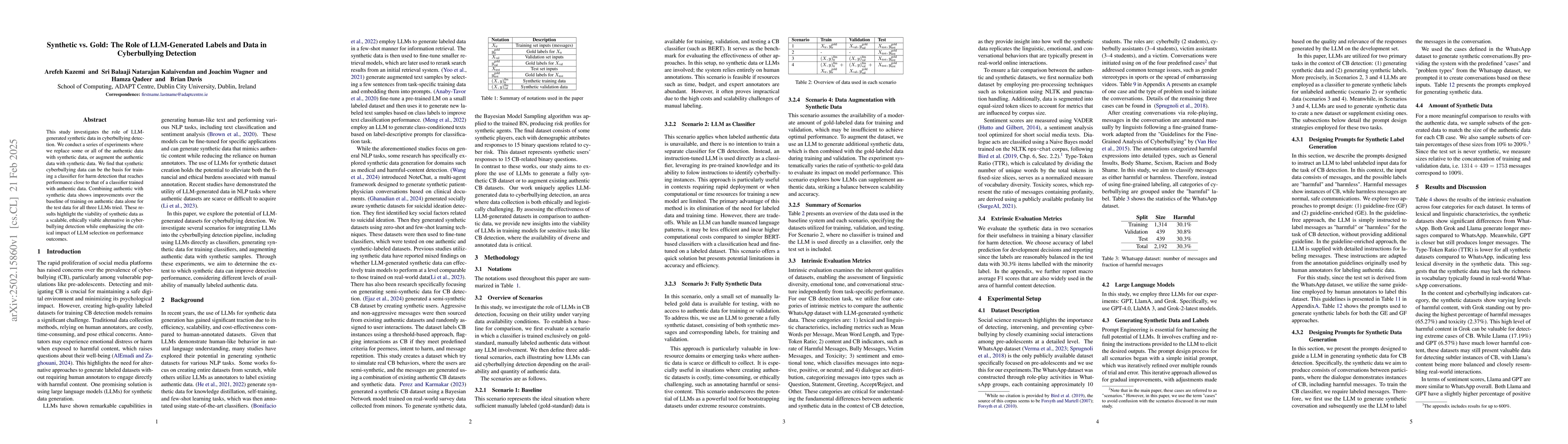 Thumbnail for Synthetic vs. Gold: The Role of LLM-Generated Labels and Data in
  Cyberbullying Detection
