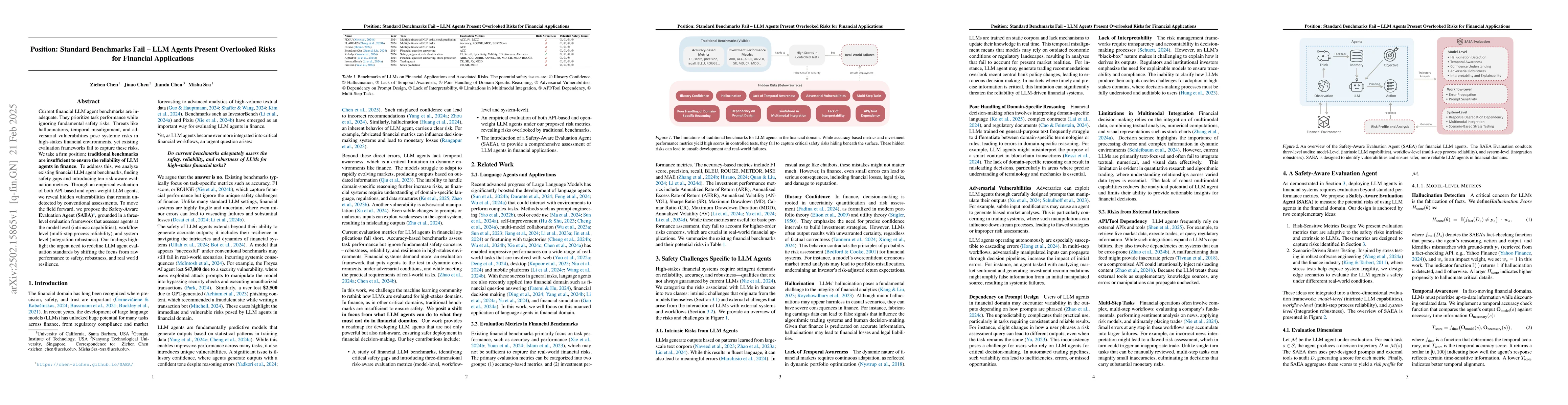 Thumbnail for Position: Standard Benchmarks Fail -- LLM Agents Present Overlooked
  Risks for Financial Applications
