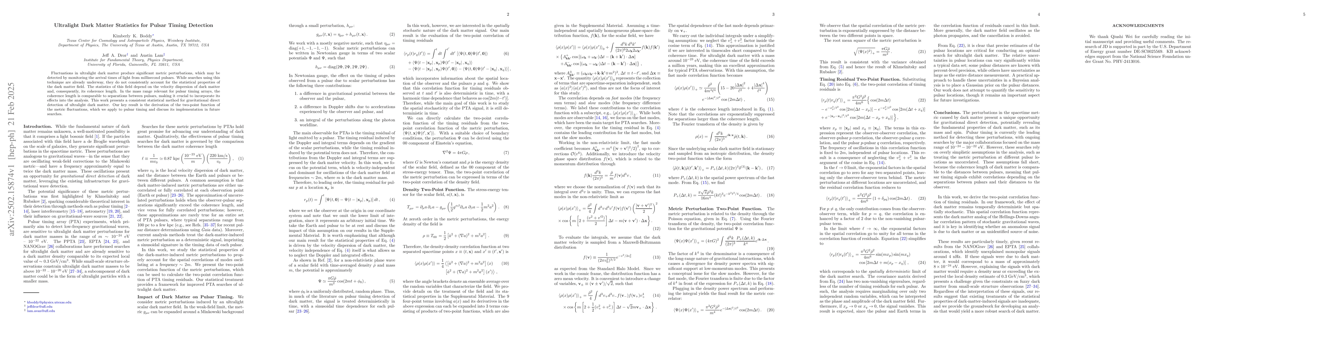 Thumbnail for Ultralight Dark Matter Statistics for Pulsar Timing Detection