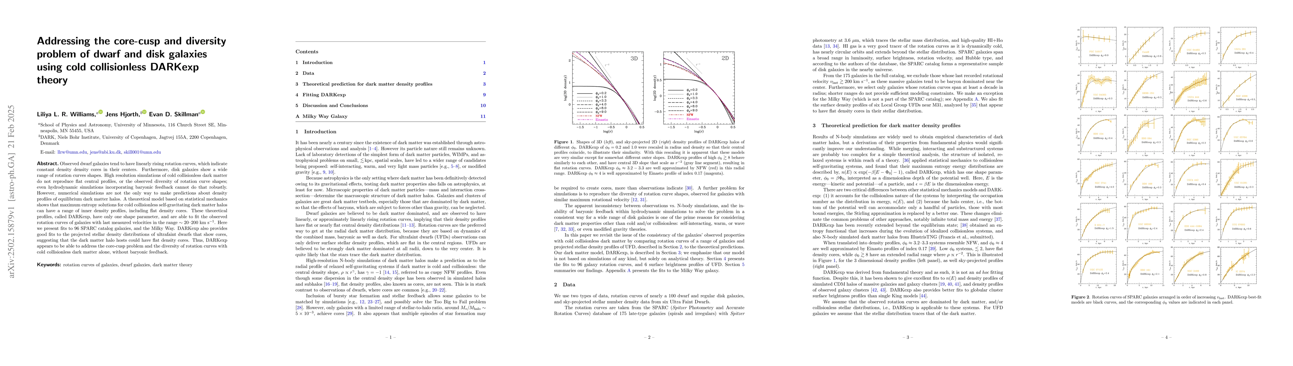 Thumbnail for Addressing the core-cusp and diversity problem of dwarf and disk
  galaxies using cold collisionless DARKexp theory
