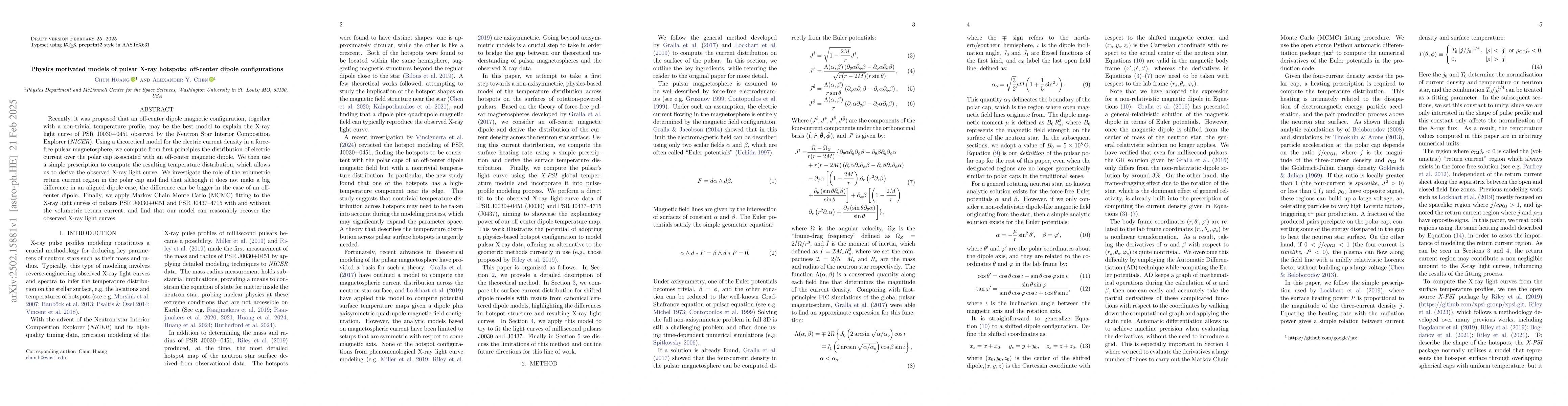 Thumbnail for Physics motivated models of pulsar X-ray hotspots: off-center dipole
  configurations