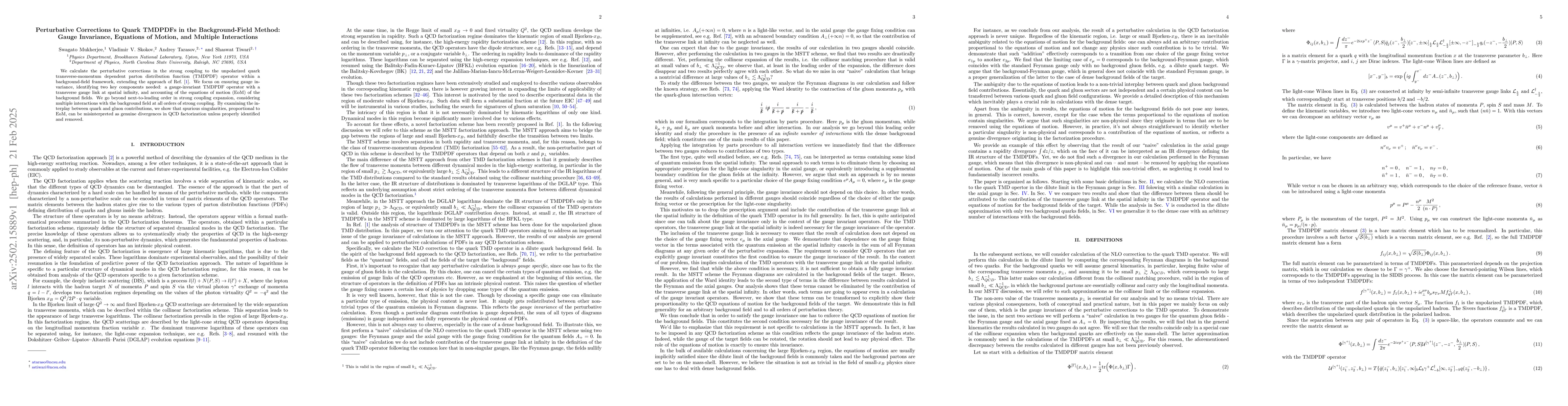 Thumbnail for Perturbative Corrections to Quark TMDPDFs in the Background-Field
  Method: Gauge Invariance, Equations of Motion, and Multiple Interactions
