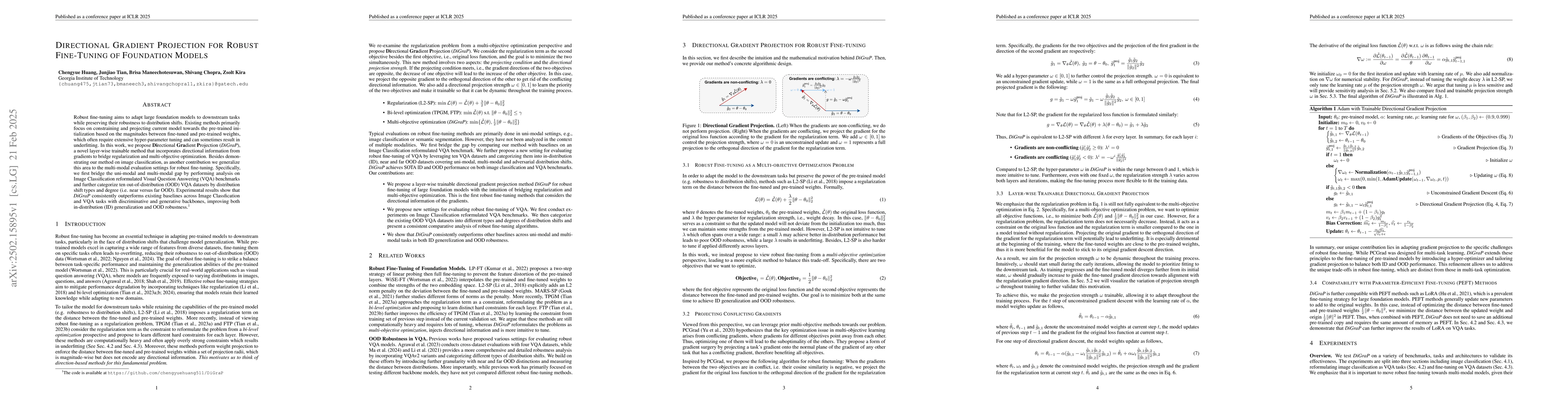 Thumbnail for Directional Gradient Projection for Robust Fine-Tuning of Foundation
  Models