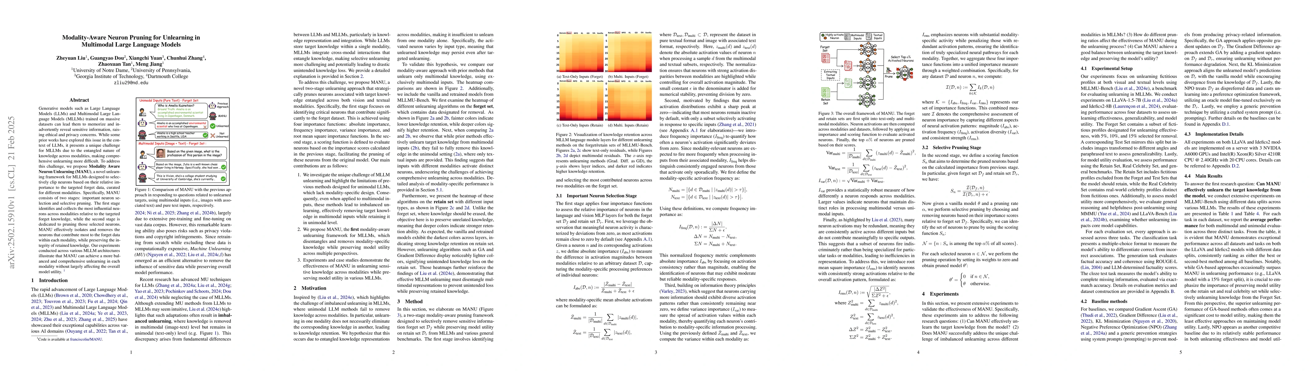Thumbnail for Modality-Aware Neuron Pruning for Unlearning in Multimodal Large
  Language Models