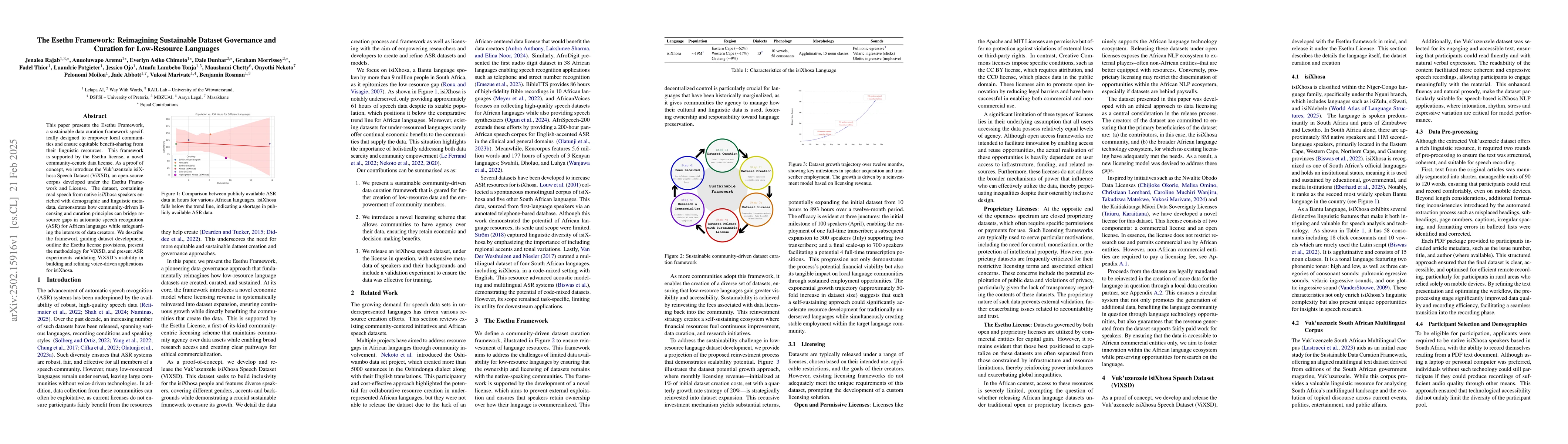 Thumbnail for The Esethu Framework: Reimagining Sustainable Dataset Governance and
  Curation for Low-Resource Languages