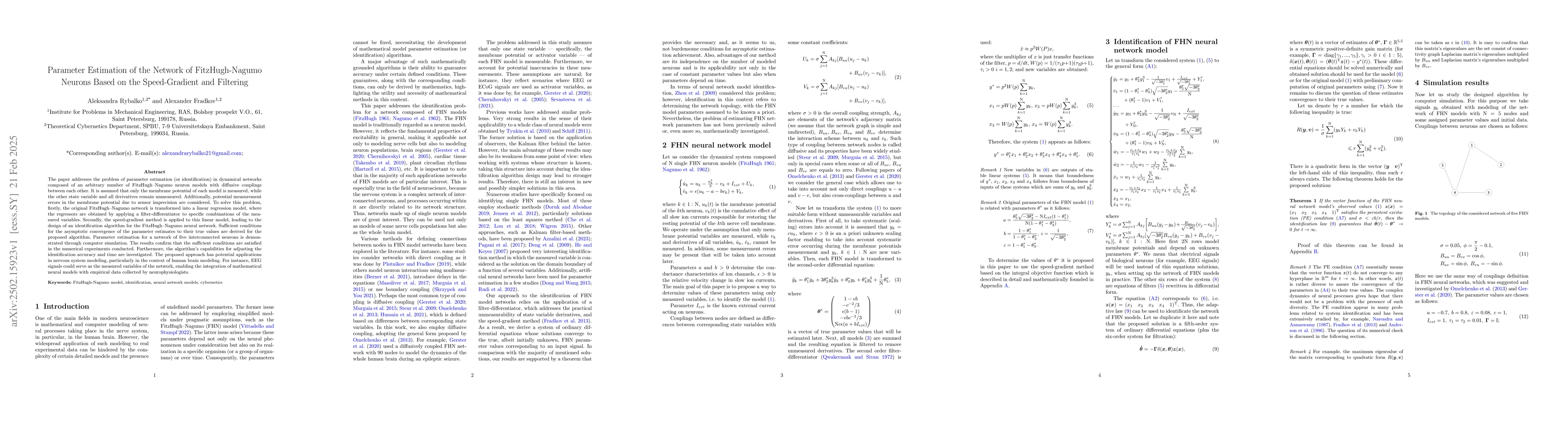 Thumbnail for Parameter Estimation of the Network of FitzHugh-Nagumo Neurons Based on
  the Speed-Gradient and Filtering