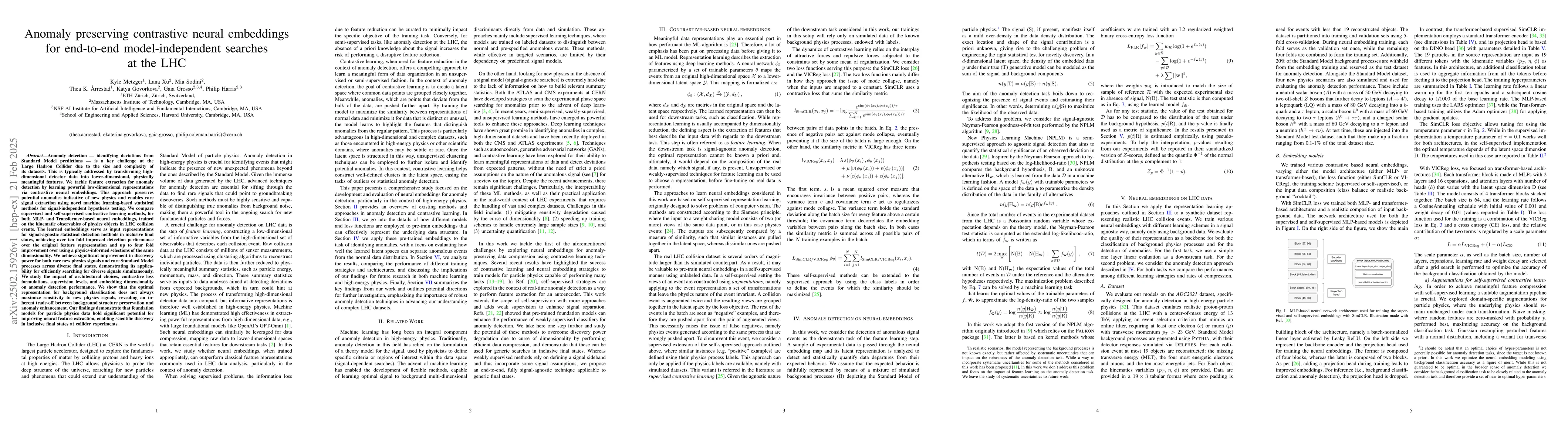 Thumbnail for Anomaly preserving contrastive neural embeddings for end-to-end
  model-independent searches at the LHC