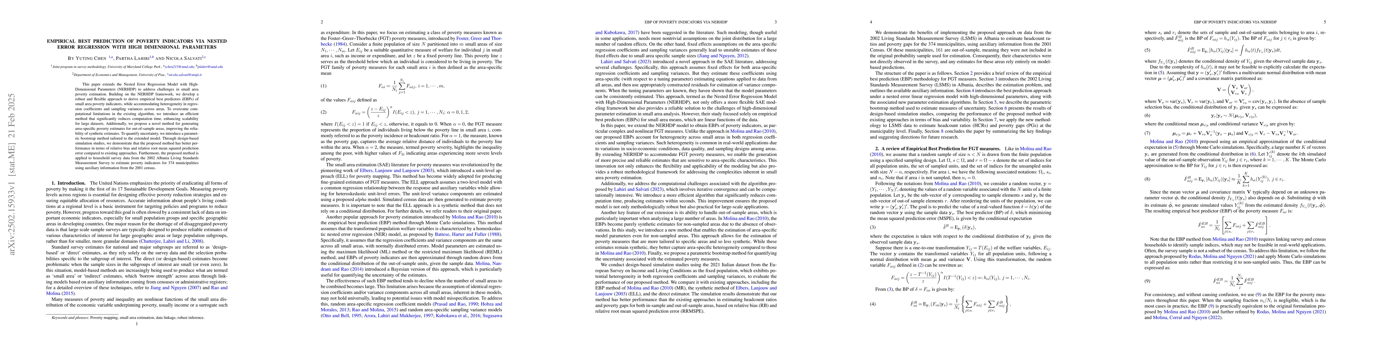 Thumbnail for Empirical Best Prediction of Poverty Indicators via Nested Error
  Regression with High Dimensional Parameters