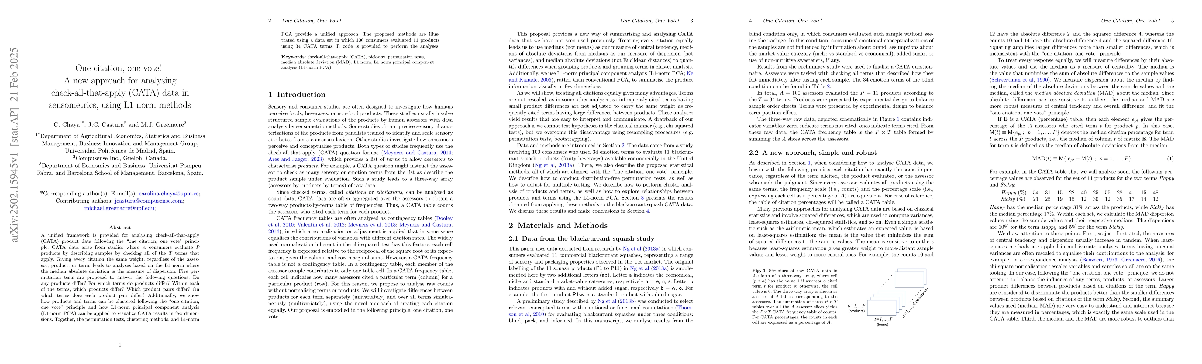 Thumbnail for One citation, one vote! A new approach for analysing
  check-all-that-apply (CATA) data in sensometrics, using L1 norm methods