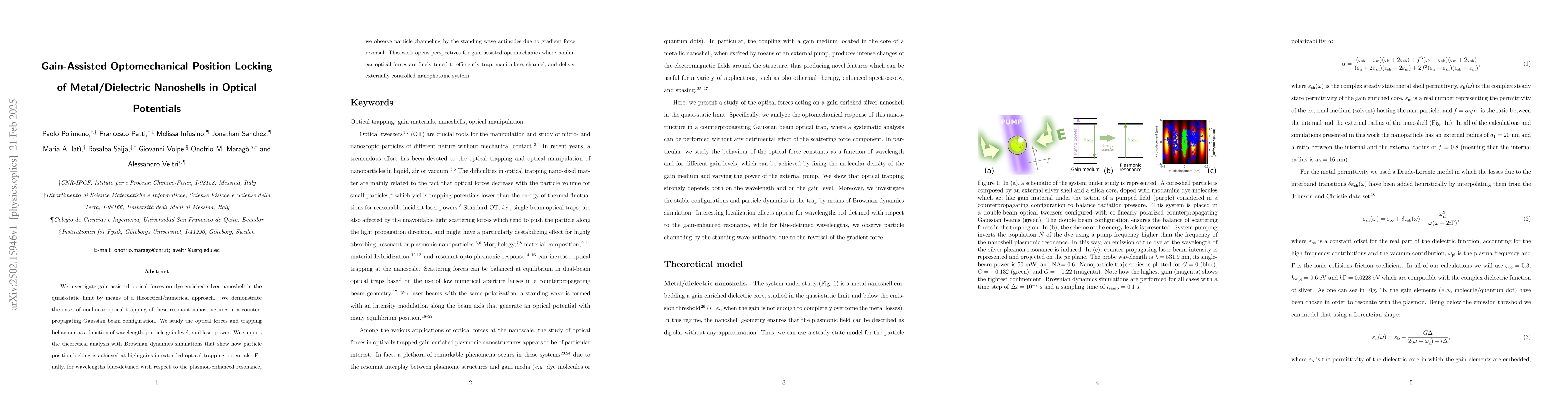 Thumbnail for Gain-Assisted Optomechanical Position Locking of Metal/Dielectric
  Nanoshells in Optical Potentials
