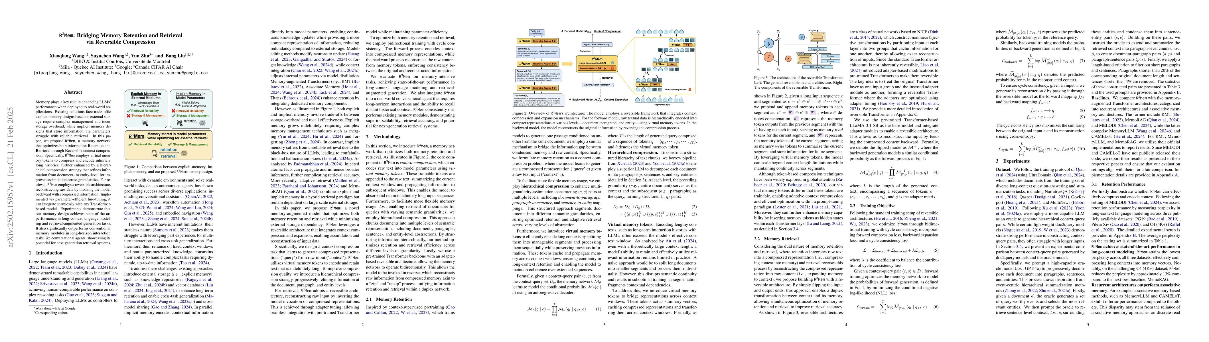 Thumbnail for R$^3$Mem: Bridging Memory Retention and Retrieval via Reversible
  Compression