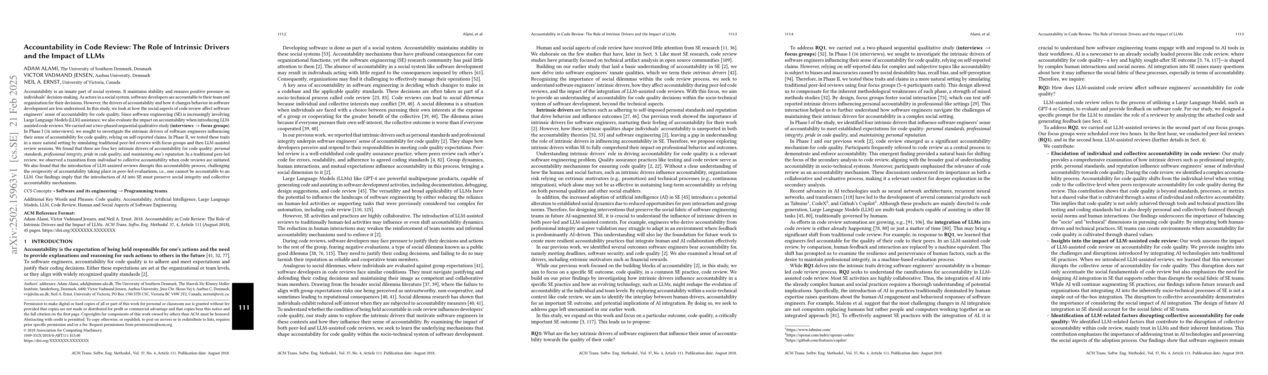 Thumbnail for Accountability in Code Review: The Role of Intrinsic Drivers and the
  Impact of LLMs