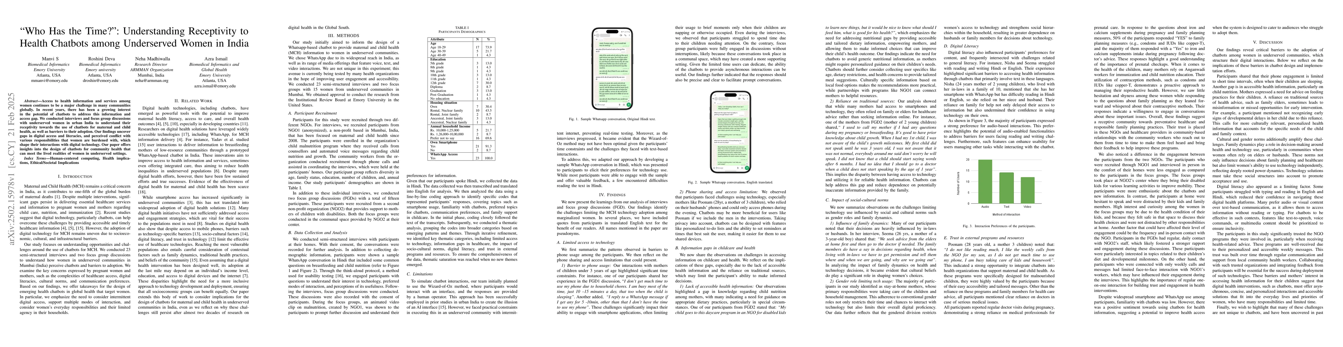 Thumbnail for "Who Has the Time?": Understanding Receptivity to Health Chatbots among
  Underserved Women in India