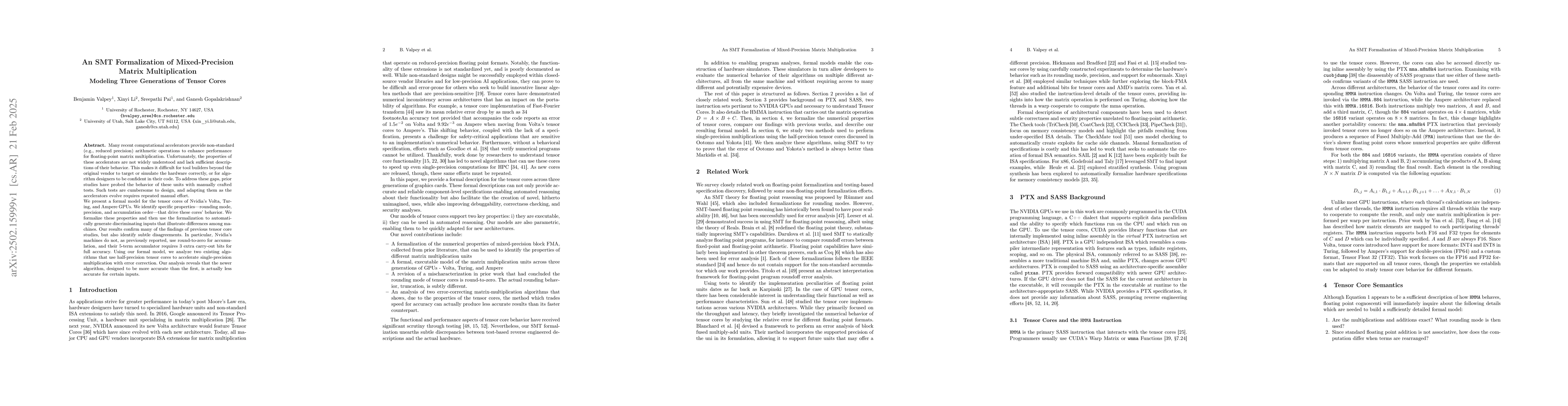 Thumbnail for An SMT Formalization of Mixed-Precision Matrix Multiplication: Modeling
  Three Generations of Tensor Cores