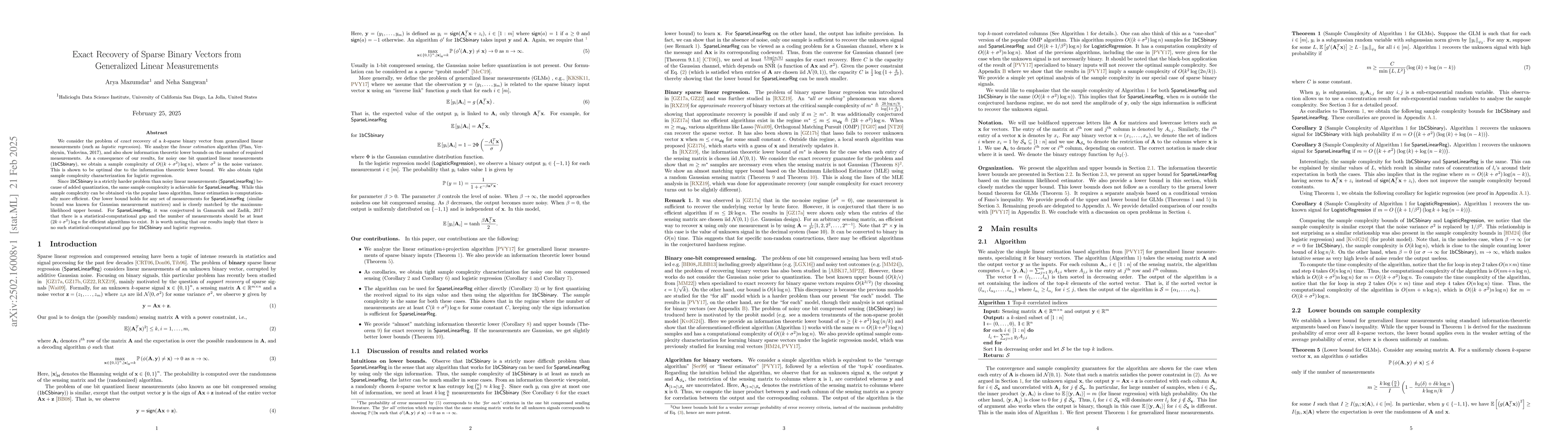 Thumbnail for Exact Recovery of Sparse Binary Vectors from Generalized Linear
  Measurements