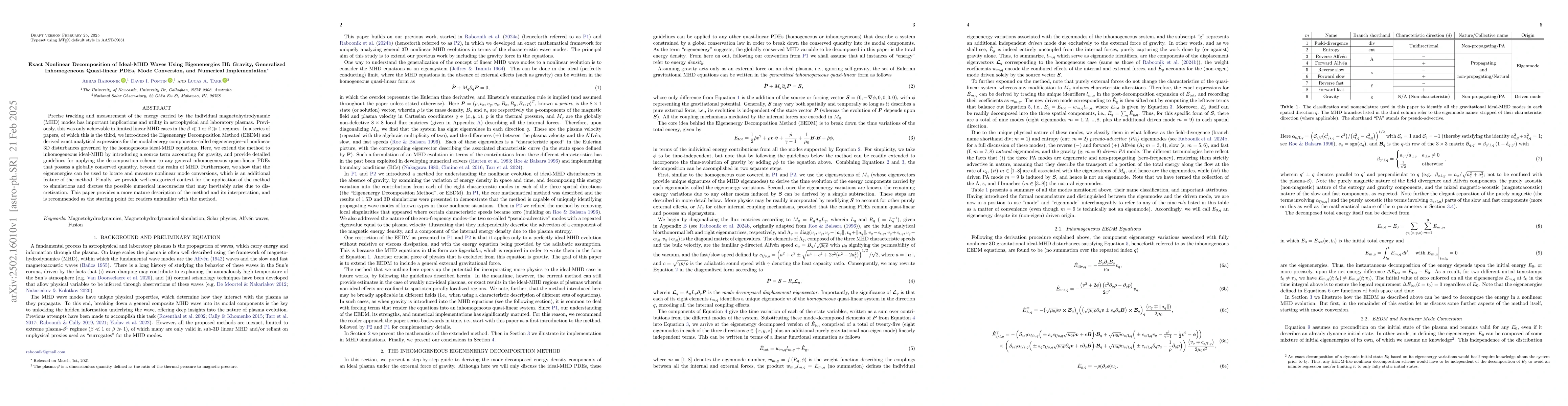 Thumbnail for Exact Nonlinear Decomposition of Ideal-MHD Waves Using Eigenenergies
  III: Gravity, Generalized Inhomogeneous Quasi-linear PDEs, Mode Conversion,
  and Numerical Implementation