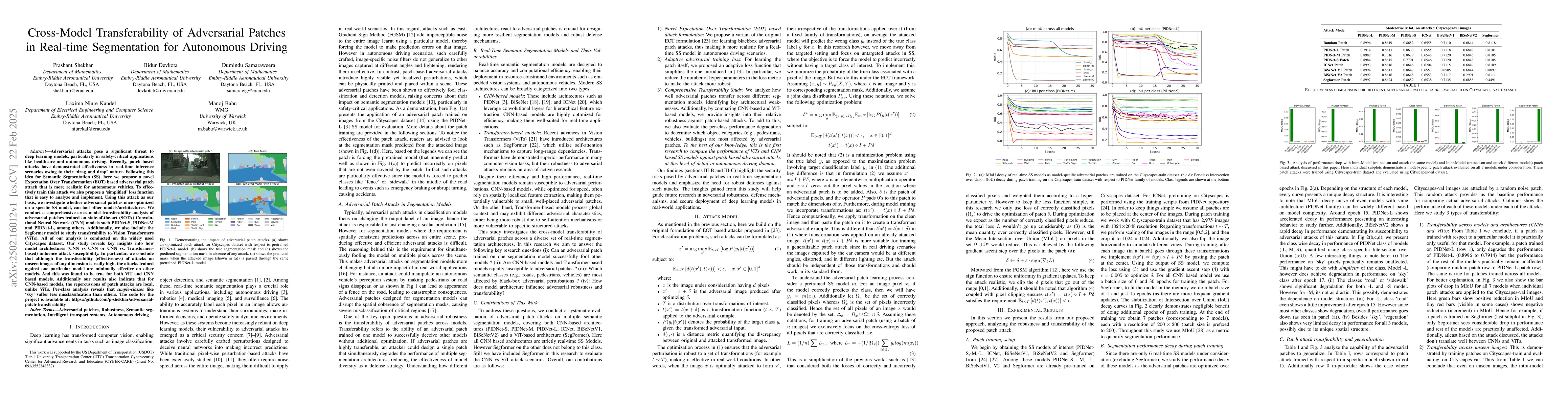 Thumbnail for Cross-Model Transferability of Adversarial Patches in Real-time
  Segmentation for Autonomous Driving
