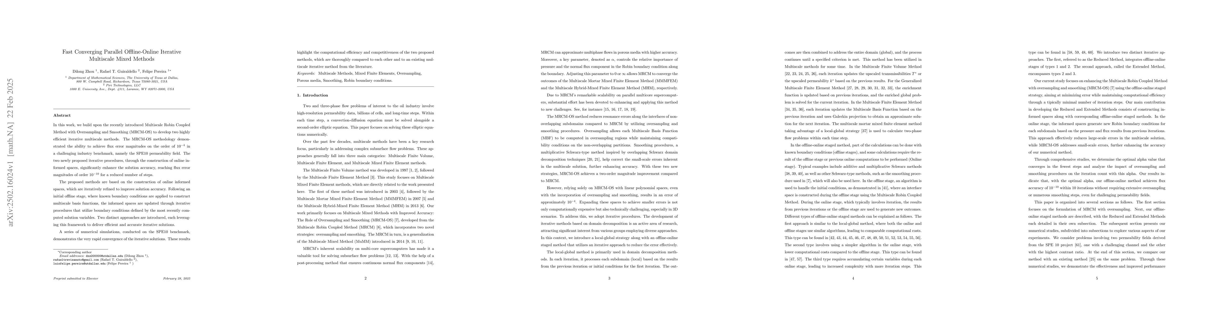 Thumbnail for Fast Converging Parallel Offline-Online Iterative Multiscale Mixed
  Methods