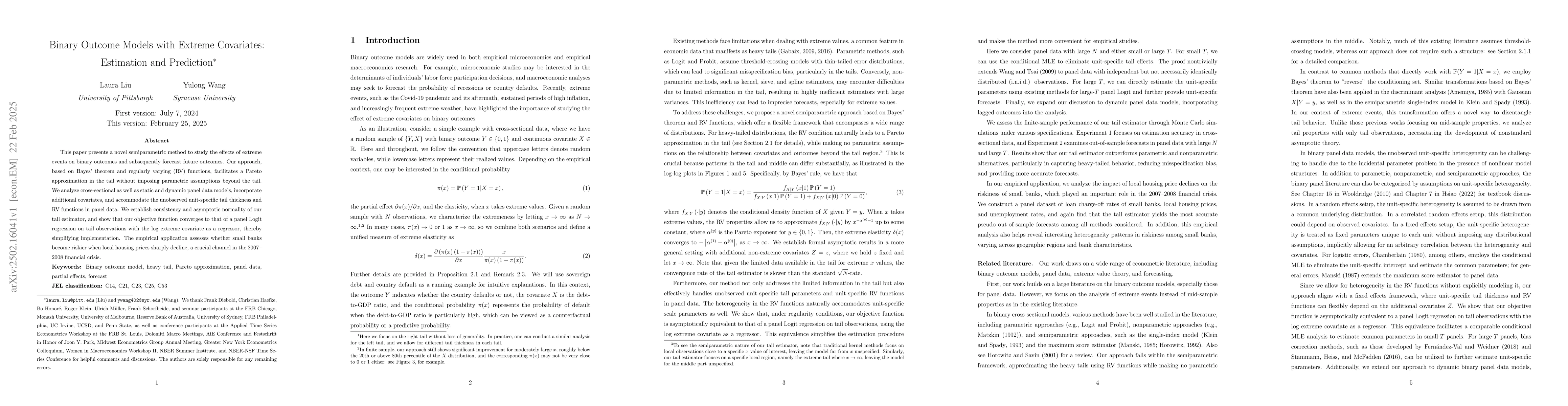 Thumbnail for Binary Outcome Models with Extreme Covariates: Estimation and Prediction