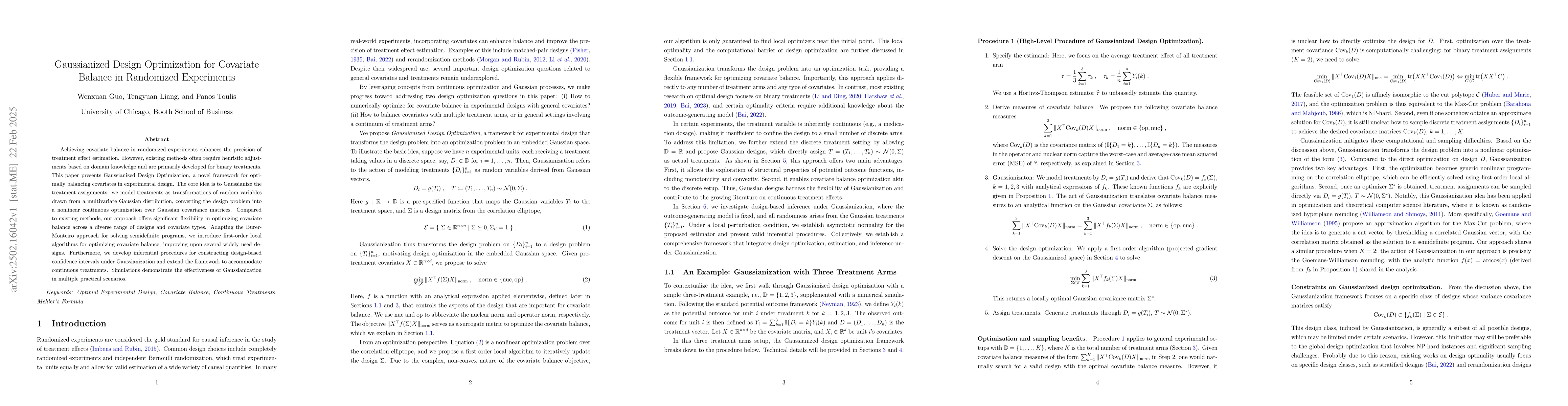 Thumbnail for Gaussianized Design Optimization for Covariate Balance in Randomized
  Experiments