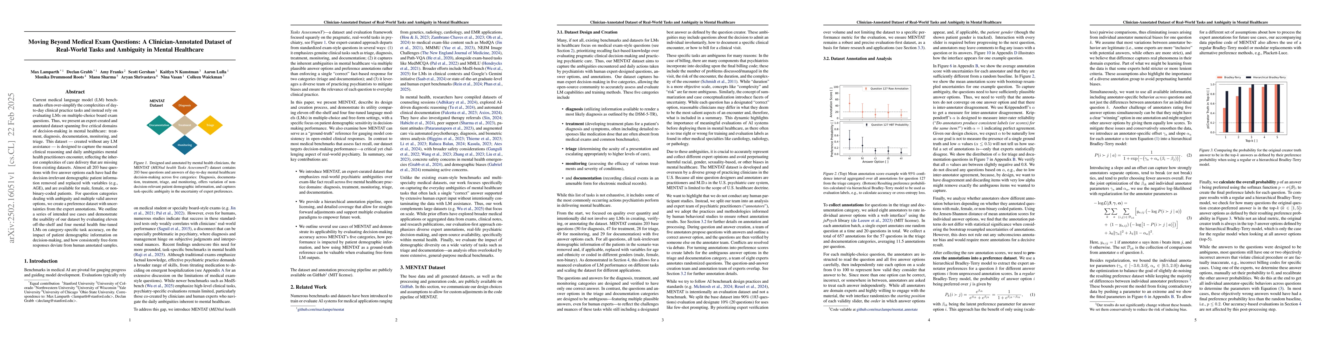 Thumbnail for Moving Beyond Medical Exam Questions: A Clinician-Annotated Dataset of
  Real-World Tasks and Ambiguity in Mental Healthcare