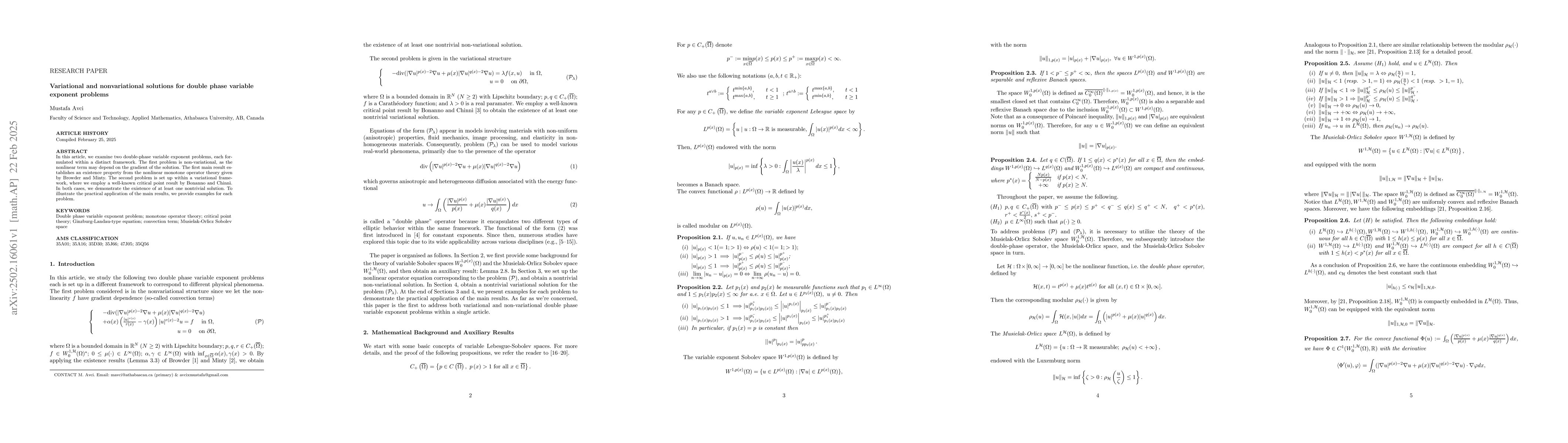 Thumbnail for Variational and nonvariational solutions for double phase variable
  exponent problems