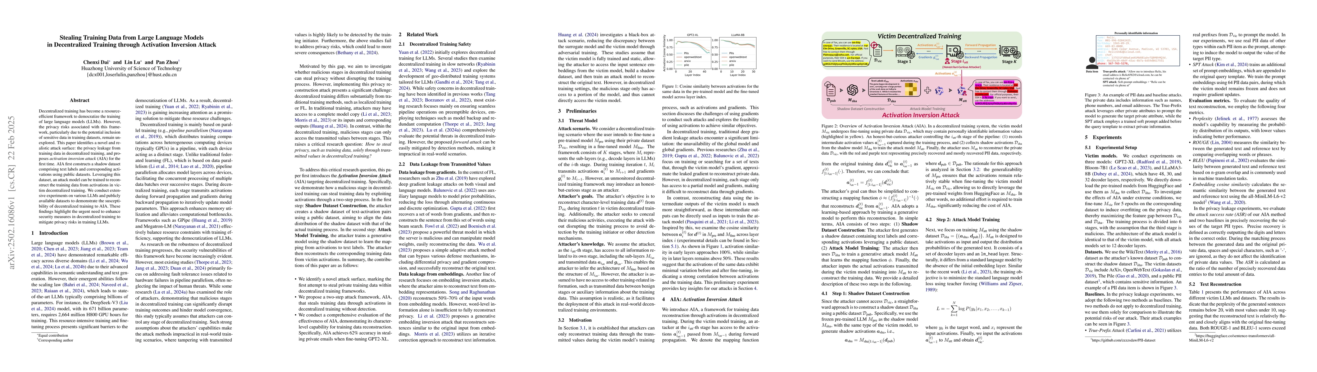 Thumbnail for Stealing Training Data from Large Language Models in Decentralized
  Training through Activation Inversion Attack