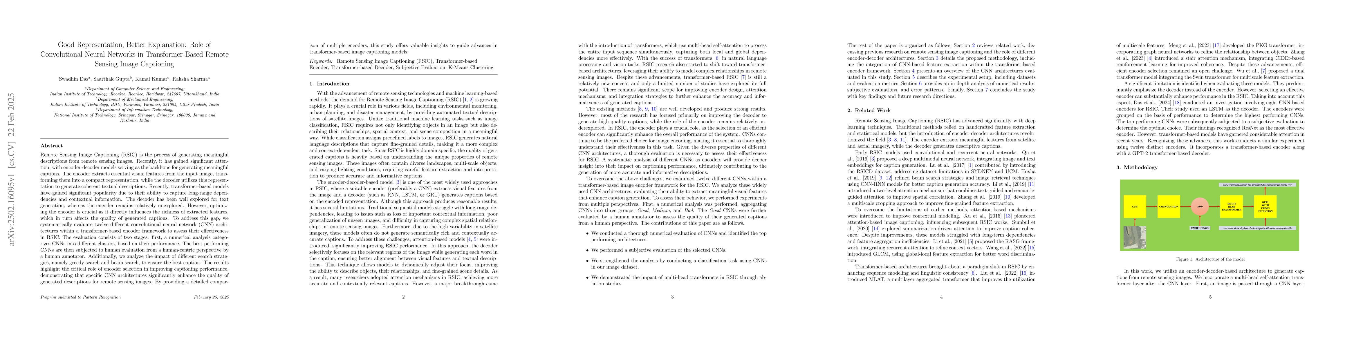 Thumbnail for Good Representation, Better Explanation: Role of Convolutional Neural
  Networks in Transformer-Based Remote Sensing Image Captioning