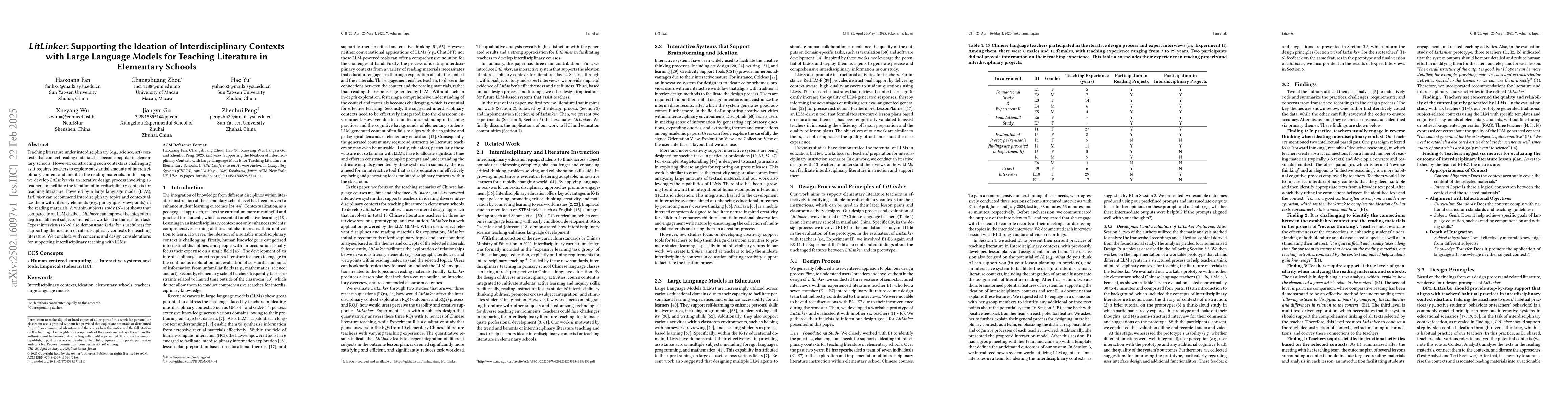 Thumbnail for LitLinker: Supporting the Ideation of Interdisciplinary Contexts with
  Large Language Models for Teaching Literature in Elementary Schools
