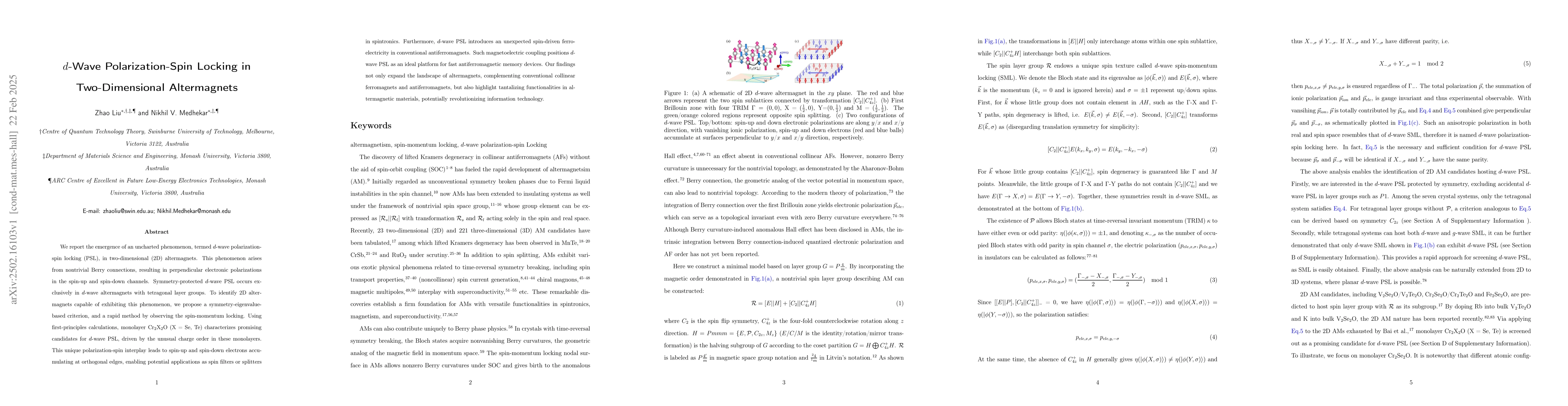 Thumbnail for $d$-Wave Polarization-Spin Locking in Two-Dimensional Altermagnets