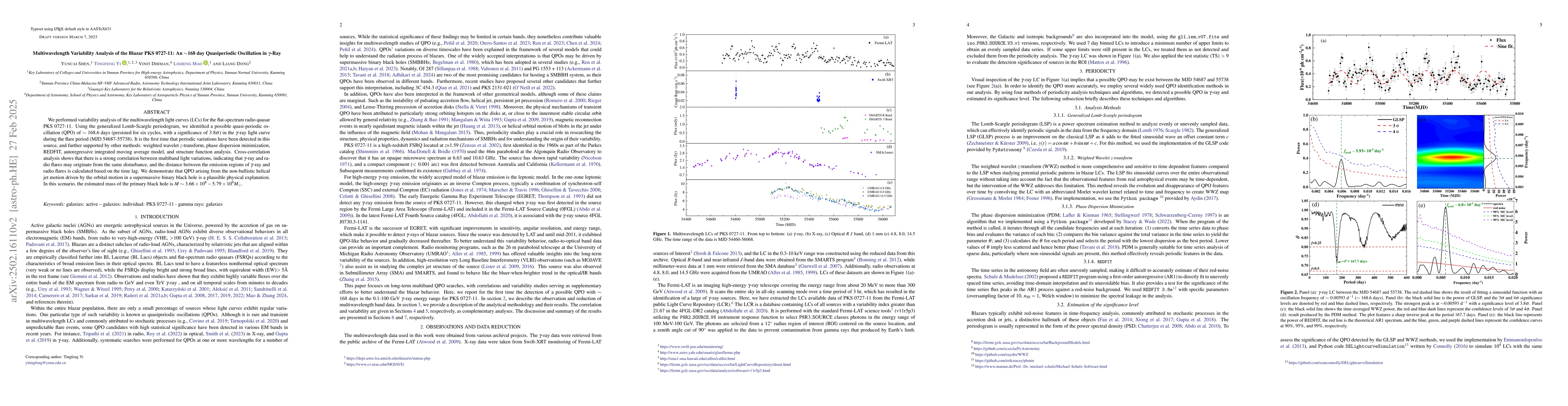 Thumbnail for Multiwavelength Variability Analysis of the Blazar PKS 0727-11: A
  $\sim$168 Days Quasi-periodic Oscillation in Gamma-ray
