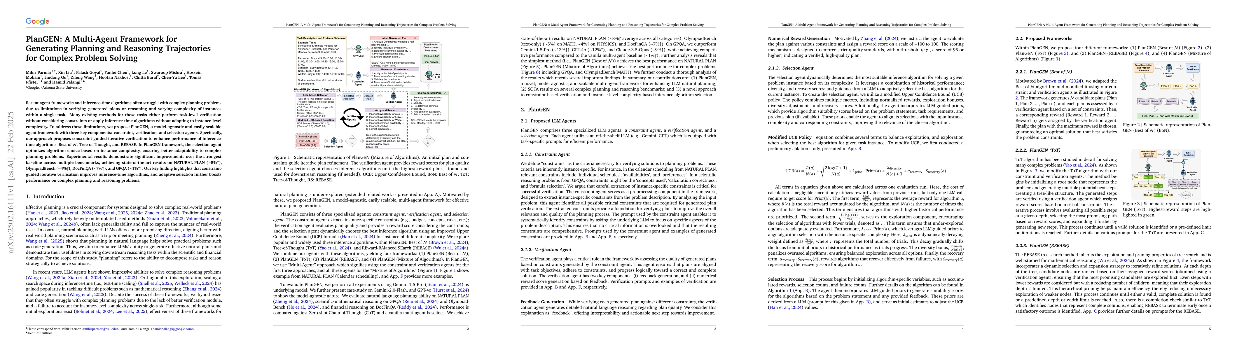Thumbnail for PlanGEN: A Multi-Agent Framework for Generating Planning and Reasoning
  Trajectories for Complex Problem Solving