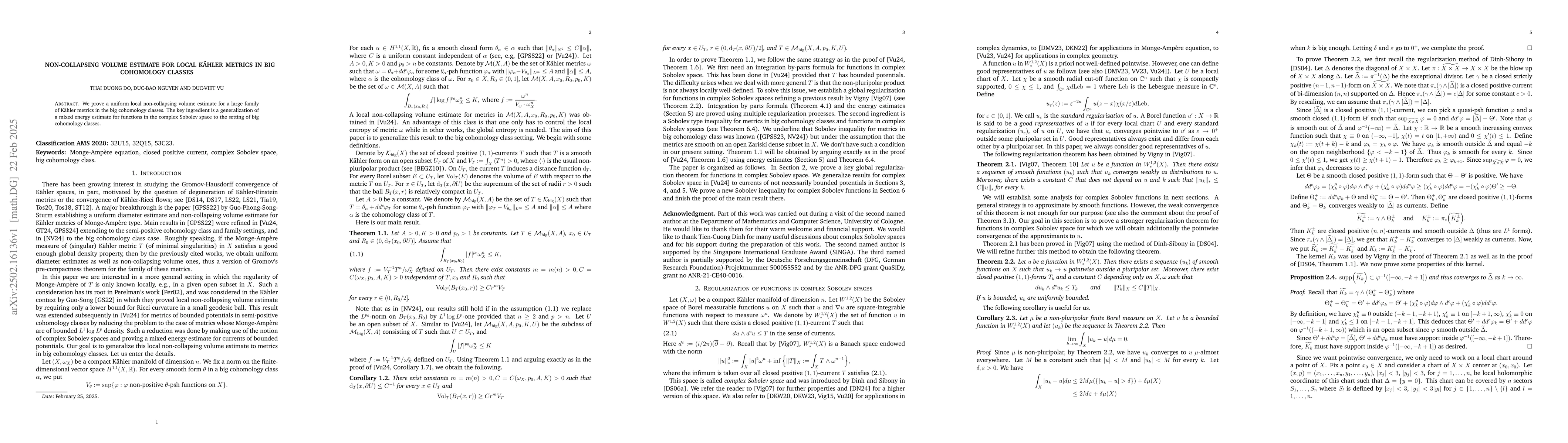 Thumbnail for Non-collapsing volume estimate for local Kähler metrics in big
  cohomology classes