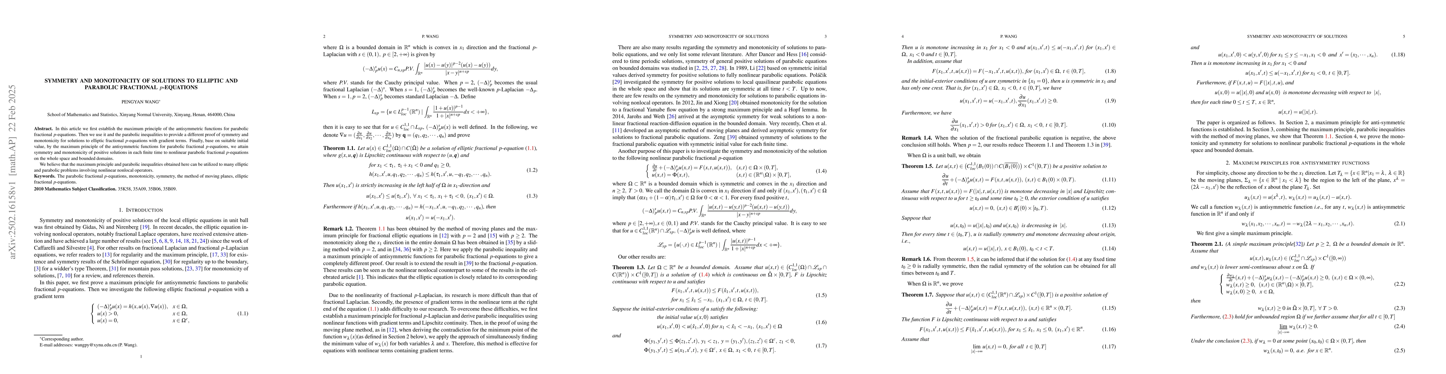Thumbnail for Symmetry and monotonicity of solutions to elliptic and parabolic
  fractional $p$-equations