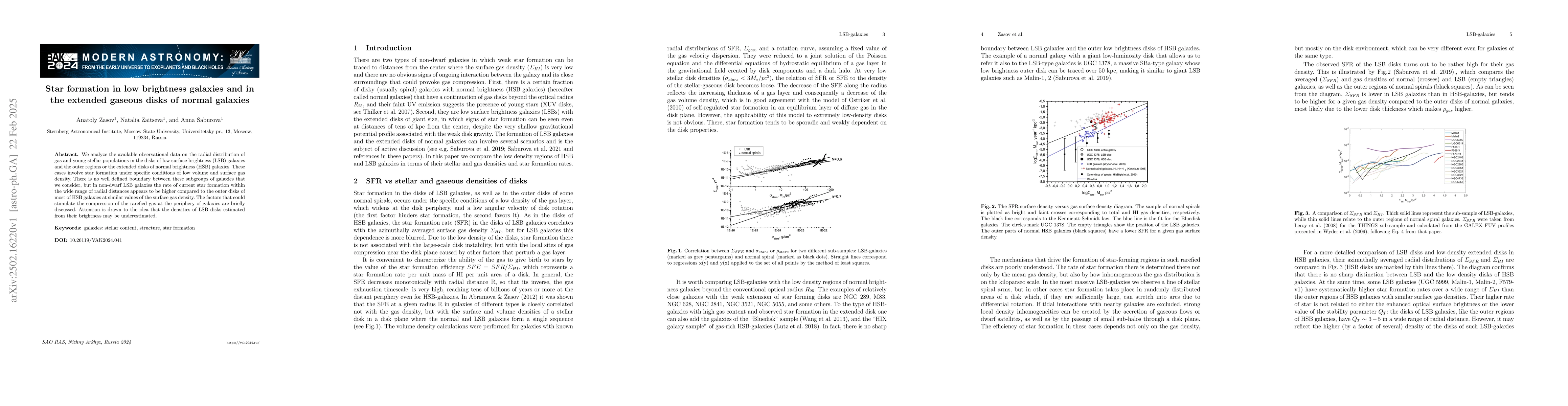 Thumbnail for Star formation in low brightness galaxies and in the extended gaseous
  disks of normal galaxies