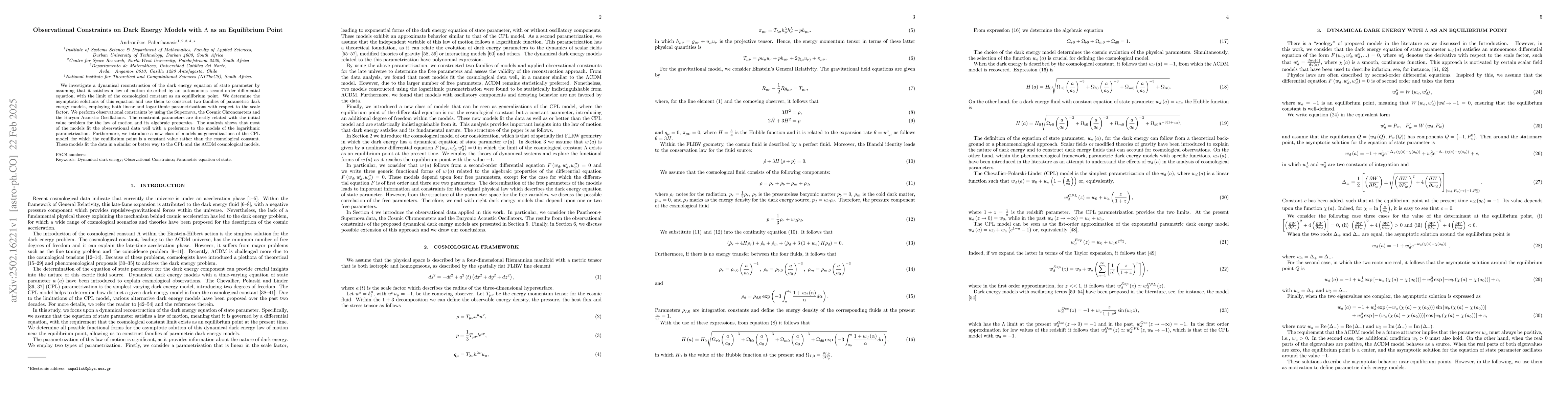 Thumbnail for Observational Constraints on Dark Energy Models with $Λ$ as an
  Equilibrium Point