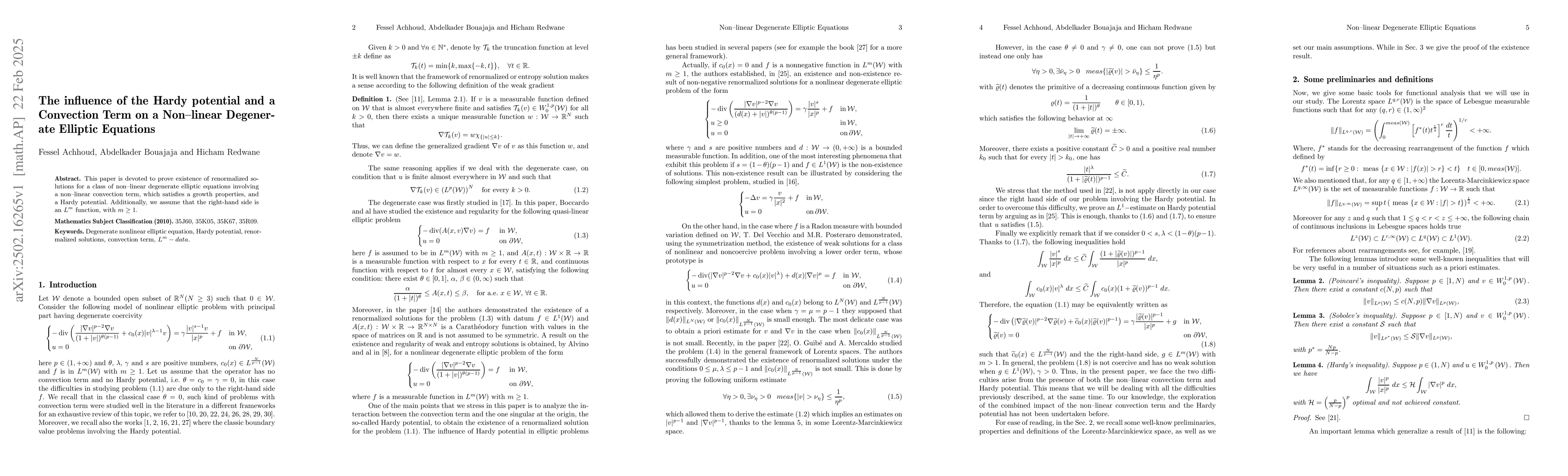 Thumbnail for The influence of the Hardy potential and a Convection Term on a
  Nonlinear Degenerate Elliptic Equations