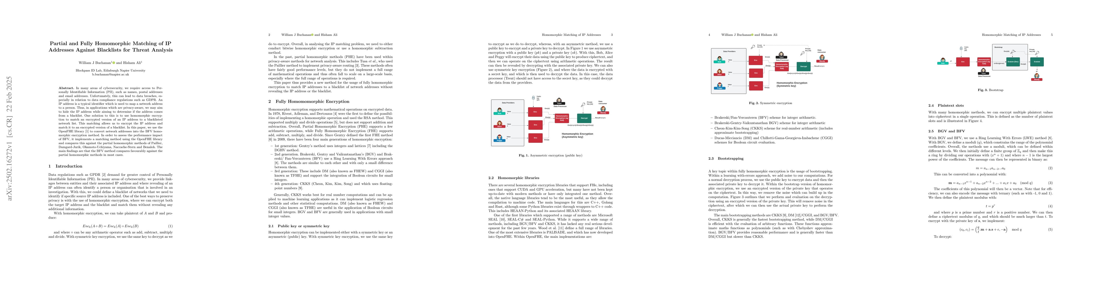 Thumbnail for Partial and Fully Homomorphic Matching of IP Addresses Against
  Blacklists for Threat Analysis
