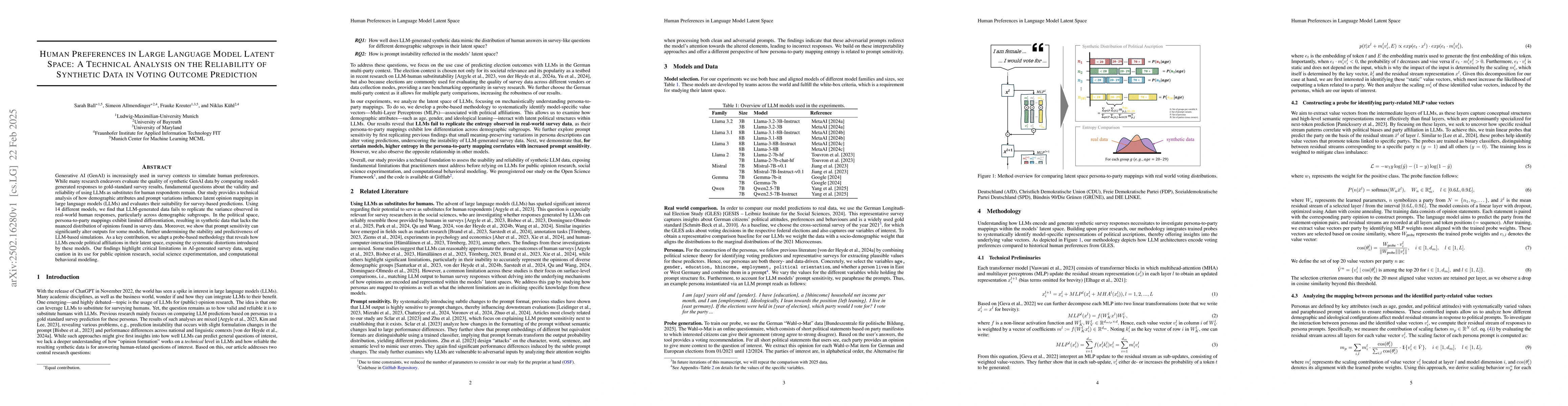 Thumbnail for Human Preferences in Large Language Model Latent Space: A Technical
  Analysis on the Reliability of Synthetic Data in Voting Outcome Prediction